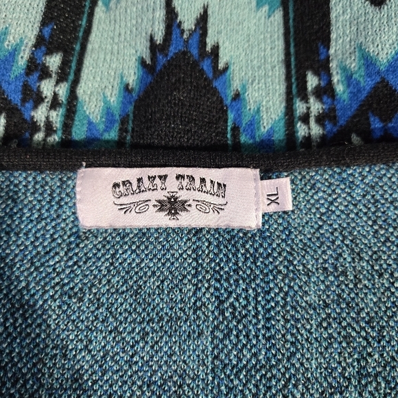 Crazy Train Flowy Cardigan Vest Size XL Blue Black Santa Fe Style Geometric - Picture 4 of 4